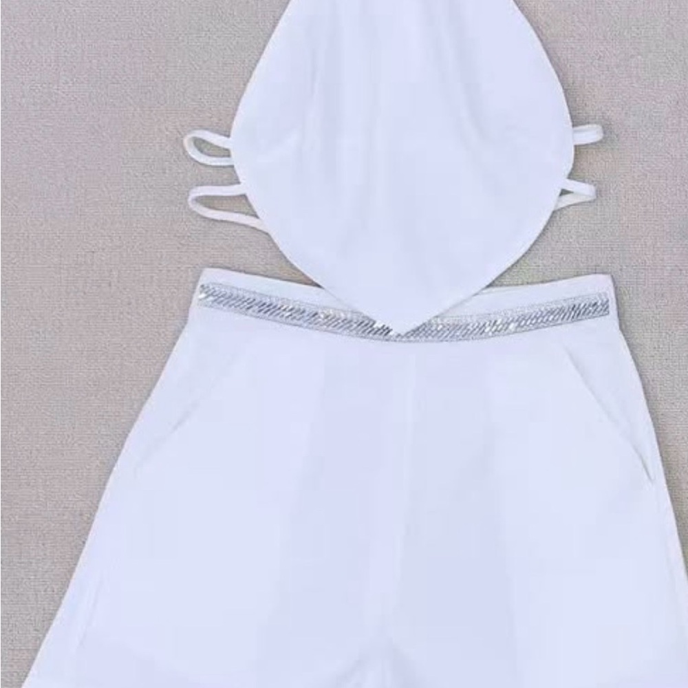 White Two-Piece Halter Top & High-Waist Shorts Set